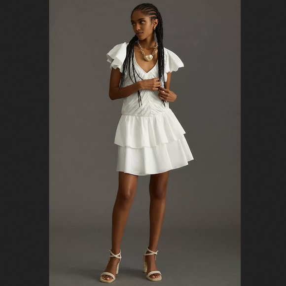 Anthropologie Love The Label Minette Ruffled Mini Dress in White Sz M NWT - Picture 1 of 12